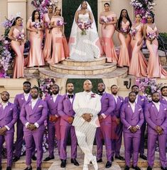 the wedding party is all dressed up in purple and pink attires, posing for pictures