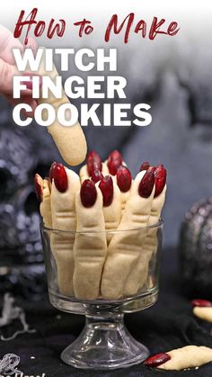 how to make witch finger cookies in a glass bowl with red and white decorations on the table