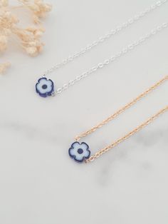 Cute blue and white ceramic flower necklace.  Single little flower bead makes this necklace dainty necklace.  Cute for layering, for bridesmaids or just a little gift. The necklace will arrive in a bag ready for giving. This item ships from the UK within 1 working day. Forget Me Not Flower, Jewellery Gifts, Ceramic Flower, Bridesmaid Necklace, Floral Jewellery, Necklace Dainty, Ceramic Flowers, Forget Me Not, Dainty Necklace