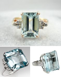 three different views of an aqua and white topazte ring with diamonds on each side