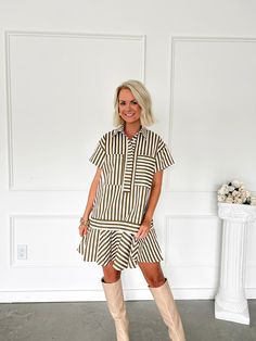 Happy To Be Here Olive Striped Shirt Dress Happy To Be Here, Formal Dress Shops, Flattering Dress, Striped Shirt Dress, Ruffled Skirt, Frill Dress, Midi Dress Casual, Great Lengths, Flattering Dresses