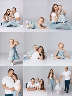 a collage of photos with people and babys posing for the camera, in different poses