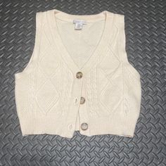 Cream Cableknit Sweater Vest With Brown Buttons Nwot Casual Brown Buttoned Sweater Vest, Fitted Brown Cotton Sweater Vest, Knitted Cotton Brown Sweater Vest, Fitted Cream V-neck Sweater Vest, Affordable Beige V-neck Sweater Vest, Cableknit Sweater, Cream Knit Sweater, Knit Sweater Vest, Sweater Vest