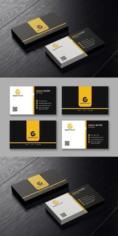 business card design with black and yellow accents on the front, side and back sides