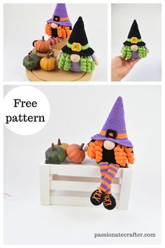 crocheted halloween gnome sitting on a bench with pumpkins