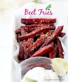 beet fries are served with sour cream and lime