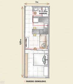 the floor plan for a small apartment with an attached kitchen and living room, as well as a bathroom