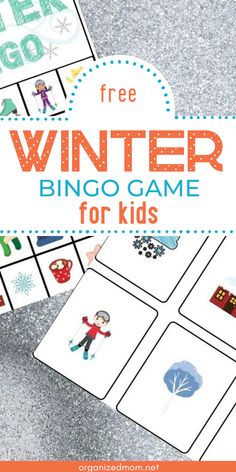 the free winter bingo game for kids is shown with text overlay that reads, free winter