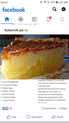 a facebook page with an image of a piece of pie on it