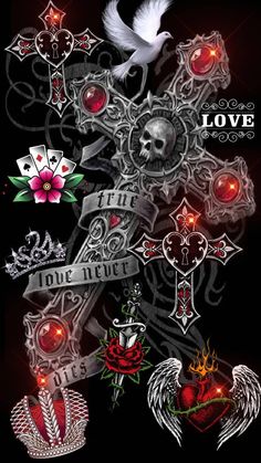 the cross with roses and hearts on it is surrounded by other tattoos, including an angel