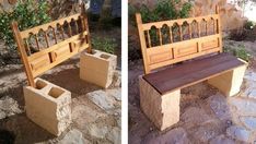 two pictures of a bench made out of concrete blocks