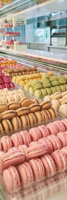 a display case filled with lots of different colored macaroons