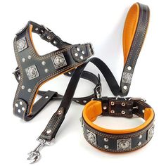 two leather dog collars and leashes with silver studded details on black leather