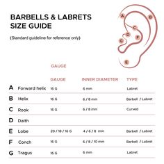 an ear diagram with the names and measurements for different types of piercings on it