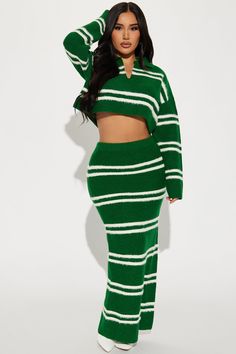 Available In Green And Black/White. Sweater Skirt Set Collar Long Sleeve Maxi Skirt Elastic Waistband Stretch Length: 37 1/2" Disclaimer Pattern Placement May Vary 80% Acrylic 20% Nylon Imported | Making Plans Sweater Skirt Set in Green size Small by Fashion Nova Black White Sweater, Sweater Skirt Set, Lookbook Inspiration, White Sweater, Long Sleeve Maxi, Green Skirt, Green And Black, Teen Fashion Outfits, White Fashion