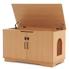 an open wooden box with doors and handles on the front, sitting on top of a white surface