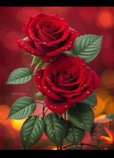 two red roses with water droplets on them are sitting in front of a blurry background