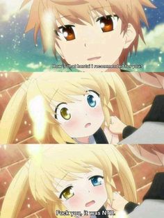 two anime characters, one with blonde hair and the other with blue eyes looking at each other