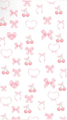 pink bows, cherries and hearts on a white background