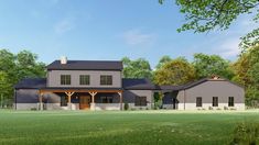 this is an artist's rendering of the front elevation of a modern farmhouse style home