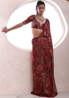 Pre draped saree with embroidered blouse. Draped Blouse Piece With Resham Embroidery For Festive Occasions, Georgette Saree With Sheer Dupatta, Festive Embroidered Draped Blouse Piece, Draped Georgette Saree With Dupatta, Festive Georgette Choli With Side Open, Draped Choli With Sheer Dupatta, Bollywood Style Draped Saree With Zari Work, Silk Saree With Sheer Dupatta Floor-length, Georgette Draped Saree With Dupatta