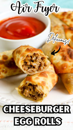 an egg roll with cheeseburger and sauce on the side, sitting on a white plate