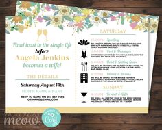 a wedding program with flowers and wine glasses