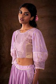 Shop for Latha Puttanna Purple Brocade Puff Sleeve Blouse With Lehenga Set for Women Online at Aza Fashions Monochromatic Lehenga, Blouse With Lehenga, Puff Sleeves Blouse, Brocade Blouse, Crepe Skirt, Brocade Blouses, Crepe Skirts, Georgette Blouse, Purple Blouse