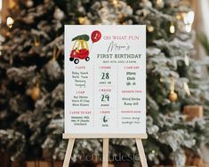 a sign that is sitting in front of a christmas tree with the first birthday date on it