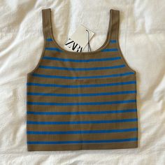 Never Worn!! Brand New Olive Green / Blue Zara Striped Cropped Tank Top Casual Blue Zara Tank Top, Fitted Blue Zara Tank Top, Trendy Blue Zara Crop Top, Blue Zara Casual Crop Top, Zara Blue Summer Tops, Casual Blue Zara Crop Top, Zara Strappy Crop Top, Zara Halter Top, Animal Print Crop Tops