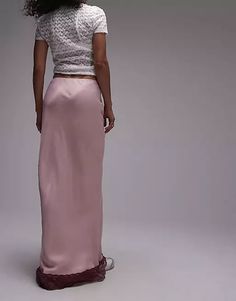 Topshop satin bias maxi skirt in pink with burgundy lace | ASOS Satin Maxi Skirt, Silk Maxi Skirt, Cocktail Dress Formal, Lace Styles, Satin Midi Skirt, Silk Maxi, Burgundy Lace, Satin Maxi, Long Sleeve Floral Dress