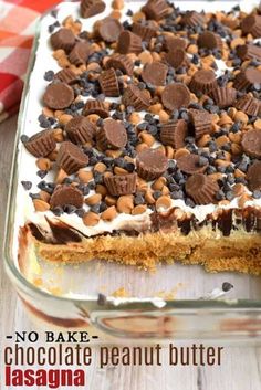 no bake chocolate peanut butter lasagna dessert in a glass baking dish on a wooden table