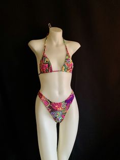 "70's and 80s style string bikini with high leg! Mannequin is a size small and A/B cup for reference. Bra top is lined but not padded for comfort. Bottoms are lined and can be made as a thong, tanga or full coverage (shown). Sizing- PLEASE DOUBLE CHECK YOUR SIZE BELOW BEFORE PLACING AN ORDER. If you send me your measurements (waist, hip and cup size) that would ensure a proper fit. If you need different sizes for the top and bottom, just leave a note in your order. XX small Bust 28 \"- 30 \" A/B 90s Bikinis Vintage, 80s Bikinis Vintage, 2000s Bikinis Vintage, 1970s Swimwear Bikinis, 1980s Swimwear Bikinis, 80s Print, B Cup, 80s Style, Bra Top