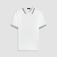 This classic yet stylish short-sleeved polo shirt in solid 100% Pima cotton features a three button placket and elegant chevron stripe tipped polo collar and armbands, adding a touch of sophistication to its timeless design. Formal Summer Polo Shirt With Collar, Formal Summer Polo Shirt With Polo Collar, Summer Formal Polo Shirt With Polo Collar, Formal Summer Collared Polo Shirt, Formal Summer Polo Shirt, White Polo Shirt With Striped Cuffs, White Polo Collar Top With Striped Cuffs, Classic Formal Polo Shirt, Classic Formal Polo Shirt With Collar