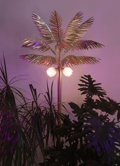 a palm tree with two lights on it in the middle of some plants and trees