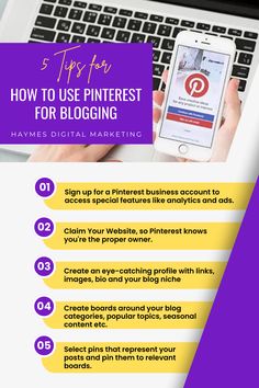 a person using a laptop with the text 5 tips to use pinterest for blogging