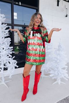 Santa's Favorite is in the building!! Wow everyone at your holiday party, or dazzling on the cover of your annual Christmas card in this cutie. Pair with cowboy boots for a western inspired outfit, or choose heels to give it a true girly and flashy look.  Features a crew neck, short sleeves, full inner lining, sequin front and sleeves, alternating red and green stripes, and a cursive sequined white "I'm Santa's Favorite" graphic.  Fit: Runs true... Western Inspired Outfits, Sequin T Shirt Dress, Christmas Attire, Trendy Christmas Outfits, Red And White Dress, Christmas Costumes, Christmas Fashion, Dress First, Concert Outfit