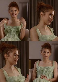 four pictures of a woman in a green dress with her hand on her hip and smiling at the camera