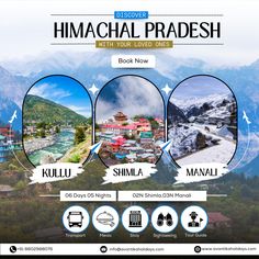 an advertisement for the himachal pradessh tour in india with pictures of mountains and