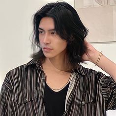 Asian Men Hairstyle Long Hair, Man With Wolfcut, Men Long Wolfcut Hair, Wolfcut For Men Long Hair, Long Hair For Asian Men, Long Asain Hairstyle Men, Long Haircut Guys, Wolfcut Male Hair, Mens Fashion Long Hair