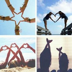 four pictures with people making heart shapes in the middle and one has their hands together