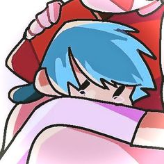 a drawing of a person with blue hair hugging another person's arm and head