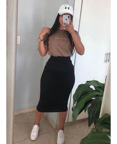 Pencil Skirt Outfit Black Women, Work Outfits With Sneakers Summer, Shear Shirt Outfits, Skirt And Sneakers Outfit Work, Jean Dress With Sneakers, Skirt And Sneakers Outfit Casual, Skirts And Sneakers Outfit, Classy Modest Outfits Church, Maxi Pencil Skirt Outfit