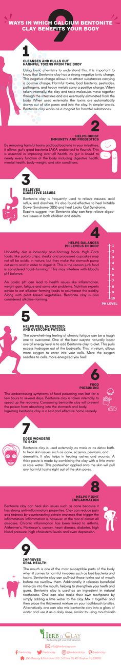 9 Ways In Which Calcium Bentonite Clay Benefits Your Body - Checkout this amazing infographic for proven bentonite benefits. Calcium Benefits, Calcium Bentonite Clay, Dieting Tips, Low Porosity, Kidney Detox, Organized Lifestyle, Detox Tips