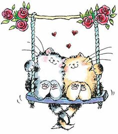 two cats are sitting on a swing with roses