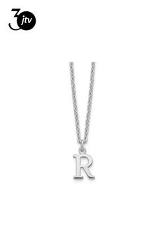 Rhodium over sterling silver cut-out letter "R" initial necklace with polished finish and lobster claw clasp. Chain measures approximately 18"L x 1/16"W, charm measures 7/16"L x 1/4"W. Silver Sterling Initial Necklace With Polished Finish, R Initial Necklace, R Initial, Cut Out Letters, Letter R, Initial Necklace, Lobster Claw, Initials, Cut Out