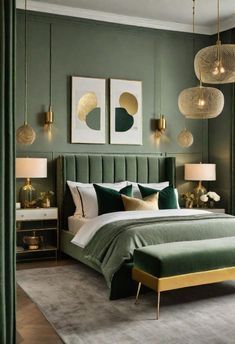 a bedroom decorated in green and gold with two lamps hanging above the bed, along with artwork on the wall