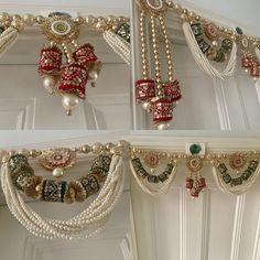 three different types of jewelry hanging from the ceiling in front of a white door with green and red trimmings