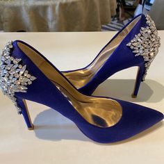 Badgley Mischa Gorgeous Royal Blue Satin Pump With Rhinestone Embellishments On Back Of Heel. Worn Once And In Pristine Condition. Blue Rhinestone Wedding Heels, Glamorous Blue Heels For Weddings, Blue Rhinestone Wedding Shoes For Formal Occasions, Blue Wedding Shoes With Rhinestones, Blue Rhinestone Wedding Shoes, Blue Glamorous Wedding Shoes For Party, Blue Embellished Shoes For Formal Occasions, Blue Embellished Wedding Shoes For Formal Occasions, Blue Embellished Wedding Shoes