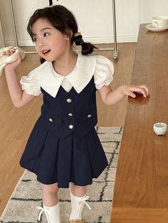 Young Girls' Sweet And Elegant Korean Style Preppy Style Puff Sleeve Shirt, Khaki Vest And Pleated Skirt 3-Piece Suit, Suitable For Summer, Fall, Back To School, Graduation Ceremony And Daily Party Royal Blue Cute  Short Sleeve,Sleeveless Polyester,Woven Fabric Colorblock  Non-Stretch  Young Girls Clothing, size features are:Bust: ,Length: ,Sleeve Length: Classy Kids Outfits, School Uniform Bow Tie, Fall Back To School, Khaki Vest, School Uniform Kids, School Uniform Outfits, Back To School Fashion, Puff Sleeve Shirt, Pleated Shirt